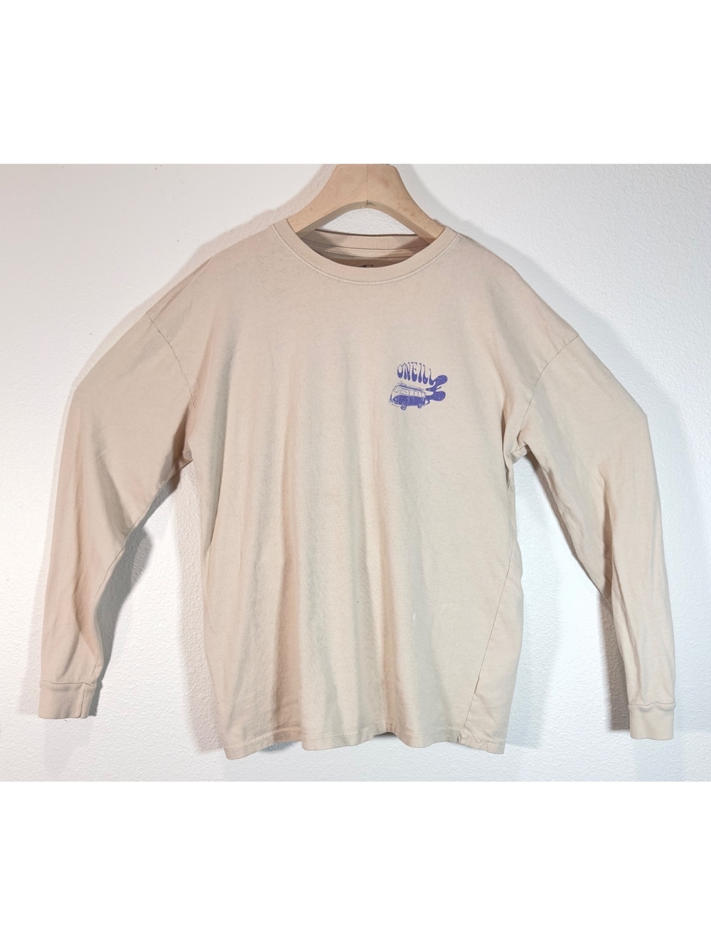 O’Neill Long Sleeve Surf Van Graphic T-Shirt Beige Oversized Size XS Back Print